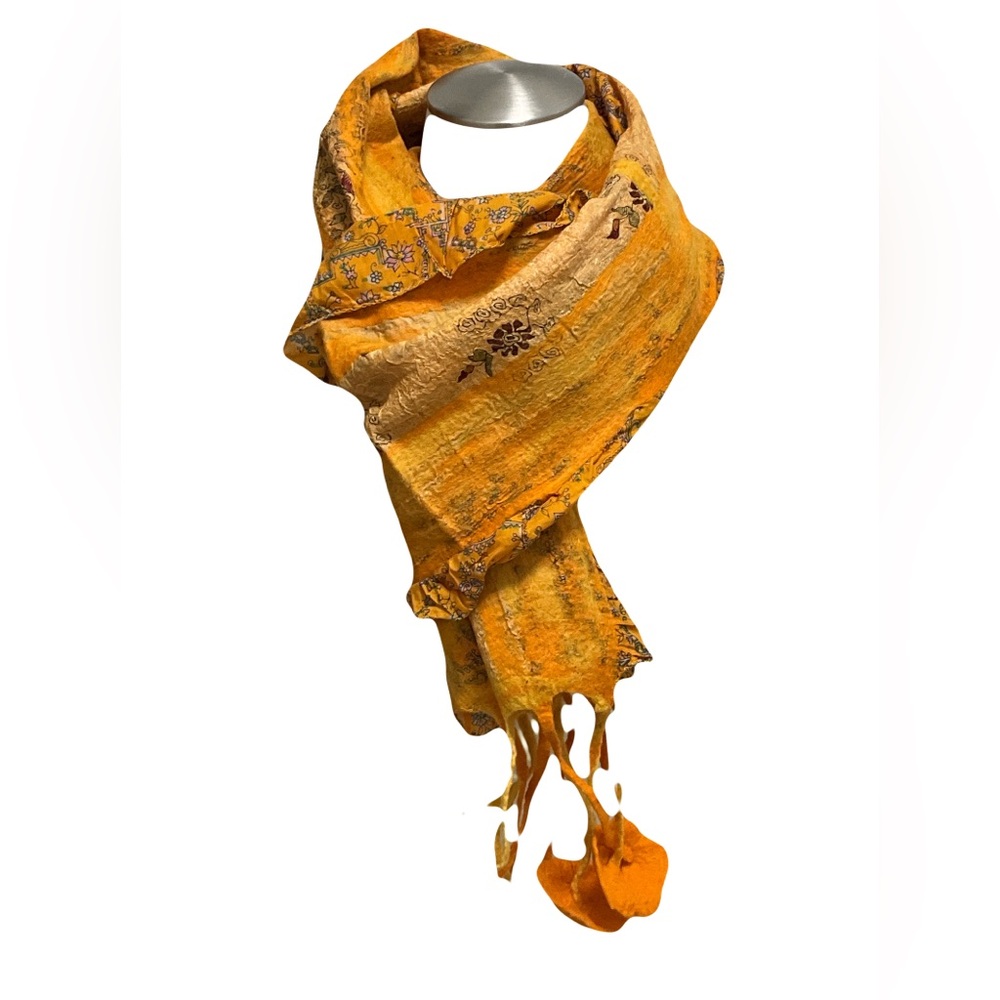 Nuno Felted Orange Floral Wool And Silk Women's Scarf